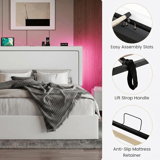 SHA CERLIN Full Size Hydraulic Lift-Up Storage Platform Bed Frame with Charging Station, RGB LED Lights, Adjustable Velvet Headboard, USB-A and USB-C Ports, No Box Spring Needed, White