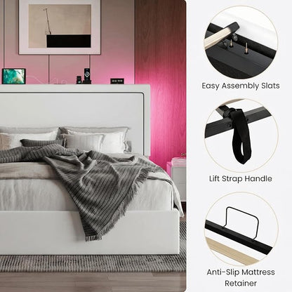 SHA CERLIN Full Size Hydraulic Lift-Up Storage Platform Bed Frame with Charging Station, RGB LED Lights, Adjustable Velvet Headboard, USB-A and USB-C Ports, No Box Spring Needed, White