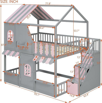 Merax Full Over Full Wood House Bunk Bed with Storage Staircase & Shelves, Floor Multifunction Bunk Bed with Full Length Gardrails for Bedroom,Playhouse Design, Roof & Door, Space Saving, Gray+Pink