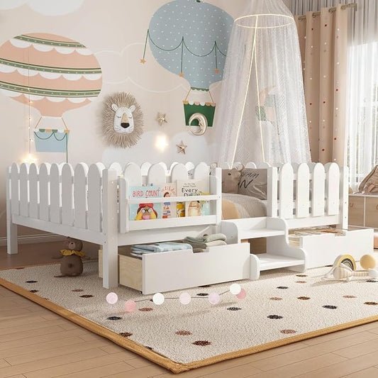Bellemave Queen Size Montessori Bed with Stairs, Lights, Rails and Slats, Queen Size Montessori Floor Bed with Bookshelf and 2 Storage Drawers, Easy Assemble Beds Frame for Girls, Boys, White