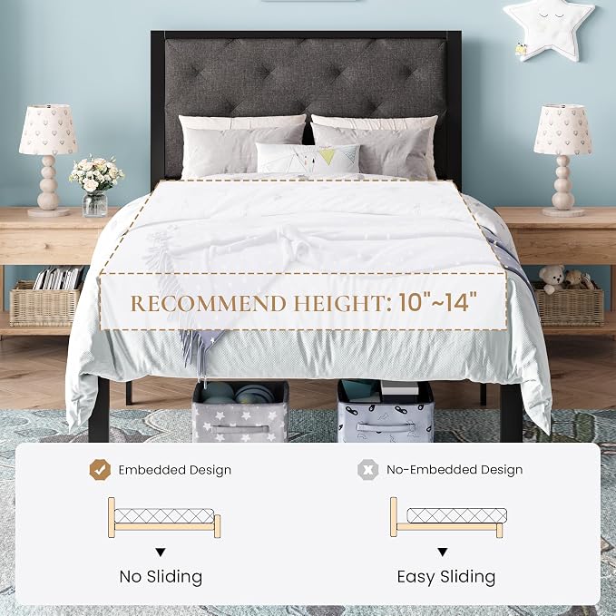 SHA CERLIN Twin Size Metal Bed Frame with Linen Tufted Headboard, Dark Gray | Modern Design Heavy-Duty Platform Bed, No Box Spring Need, Linen Fabric Upholstery, Noise Free, Easy Assembly