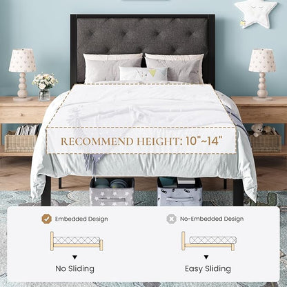 SHA CERLIN Twin Size Metal Bed Frame with Linen Tufted Headboard, Dark Gray | Modern Design Heavy-Duty Platform Bed, No Box Spring Need, Linen Fabric Upholstery, Noise Free, Easy Assembly