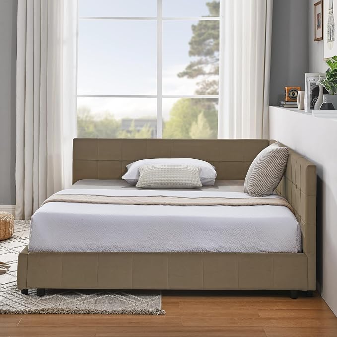 Bellemave Full Size Corner Bed Frame with Comfortable Backrest and Armrests, Velvet Tufted Corner Bed Frame Full Size, Upholstered Daybed for Bedroom, Living Room, Guest Room, Brown