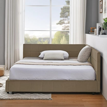 Bellemave Full Size Corner Bed Frame with Comfortable Backrest and Armrests, Velvet Tufted Corner Bed Frame Full Size, Upholstered Daybed for Bedroom, Living Room, Guest Room, Brown