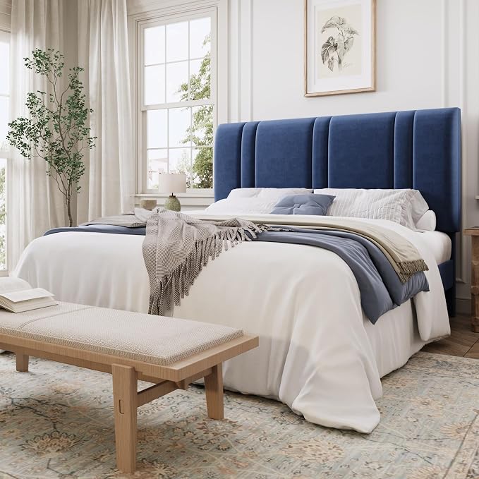 SHA CERLIN Queen Size Platform Bed Frame, Velvet Upholstered Bed with Adjustable Headboard, Vertical Channel Tufted Design, Sturdy Wood Slat Support, No Box Spring Needed, Easy Assembly, Dark Blue