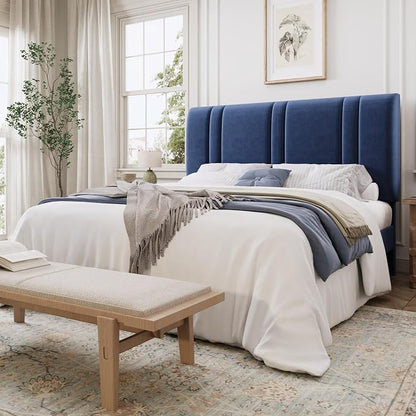 SHA CERLIN Queen Size Platform Bed Frame, Velvet Upholstered Bed with Adjustable Headboard, Vertical Channel Tufted Design, Sturdy Wood Slat Support, No Box Spring Needed, Easy Assembly, Dark Blue