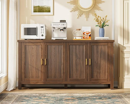 usikey Buffet Cabinet with Storage, 55" Fluted Sideboard Cabinet with 4 Adjustable Shelves, Modern Coffee Bar with 4 Doors, Coffee Bar Cabinet for Kitchen, Walnut