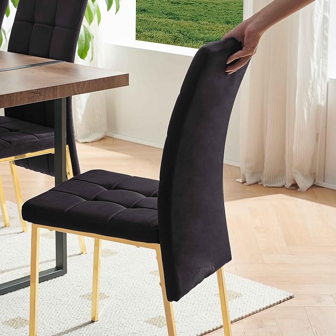 NORDICANA Upholstered Velvet Dining Chairs Classic Kitchen High Back Dinette Chairs Set of 4, Featured Dovetail Tufted Side Chairs, Golden Color Metal Legs, Black