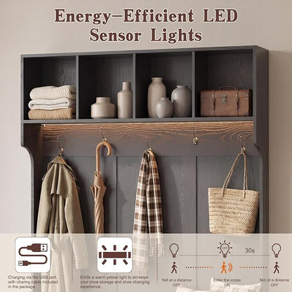 Hall Tree with Bench and Shoe Storage, 5-in-1 Entryway Coat Rack with LED Sensor Light, Hooks and Storage Cubes, Shoe Cabinet with Fluted Door, Modern Hall Tree for Entryway, Living Room