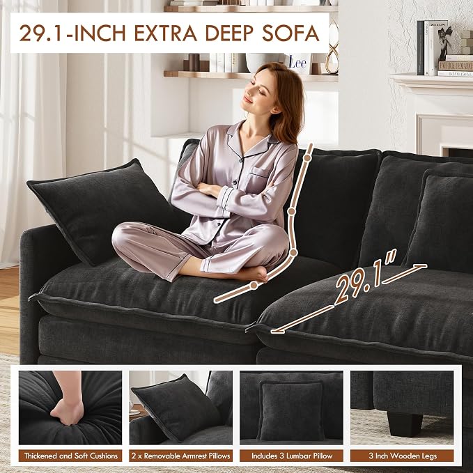 WorthFurni 111.4” Cloud Couch, Modular Sectional Sofa, Comfy Modern 3-Seater Couches with Pillows & Upholstered Deep Seat Cushion for Living Room Apartment Bedroom (Black)