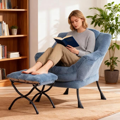 Lazy Chair with Ottoman, Modern Accent Chair Contemporary Lounge Leisure Sofa Chair with Armrests, Reading Chair and Folding Footstool Set for Living Room, Bedroom, Office, Velvet Black