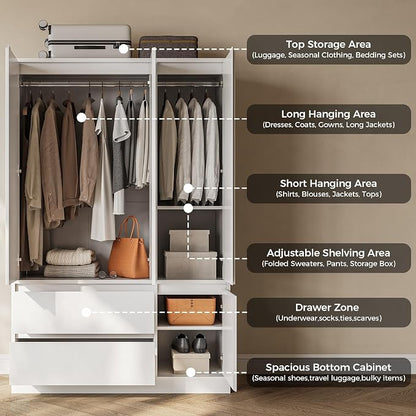 IRONCK 47.2" Armoire Wardrobe Closet with Drawers, White Armoire with Hanging Rods & DIY Adjustable Shelves, Modern Wardrobe with Soft-Close Hinges, Freestanding Closet for Bedroom