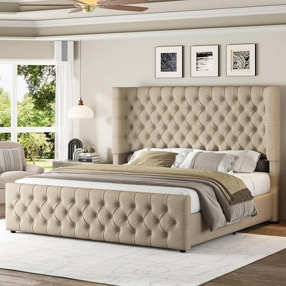 Jocisland California King Size Upholstered Bed Frame with 6.3-Inch Curved Wingback Headboard, Tufted Footboard, Wood Slats, No Box Spring Needed, Khaki Linen