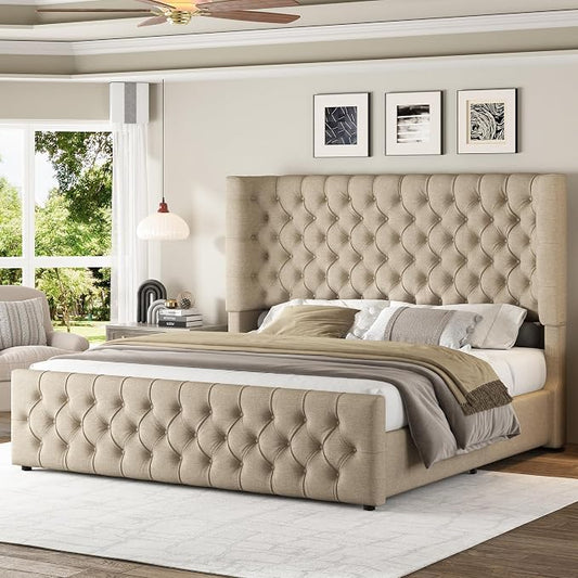 Jocisland California King Size Upholstered Bed Frame with 6.3-Inch Curved Wingback Headboard, Tufted Footboard, Wood Slats, No Box Spring Needed, Khaki Linen