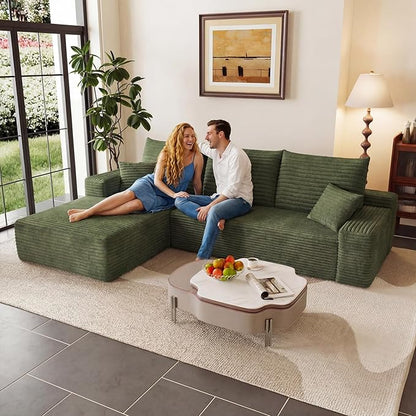 95" Cloud Sectional Couch with L-Shape Chaise, Modular Comfy Sofa Chaise Longue, Upholstered Corduroy Couches Sleeper with Deep Seat for Living Room Bedroom, No Assembly Required(Green, Left Facing)