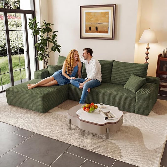 95" Cloud Sectional Couch with L-Shape Chaise, Modular Comfy Sofa Chaise Longue, Upholstered Corduroy Couches Sleeper with Deep Seat for Living Room Bedroom, No Assembly Required(Green, Left Facing)