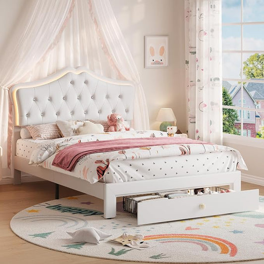 Garvee Full Size Bed Frame with LED Lights & Velvet Crystal Button Headboard, Upholstered Boy/Girl Platform Bed with Storage Drawer, Noise Free, No Box Spring Needed for Kids, Teens, Beige
