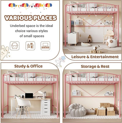 GarveeHome Loft Bed Twin Size, Heavy Duty Metal Loft Bed Frame with Arched Guardrail and Safety Ladder, Space-Saving, No Box Spring Needed, Modern Pink