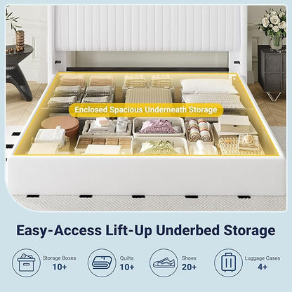 Allewie King Size Lift Up Storage Bed Frame, Hydraulic Support System, Upholstered Platform Bed Frame, Underneath Storage, Vertical Channel Tufted Headboard with Wingback, No Box Spring Needed, White