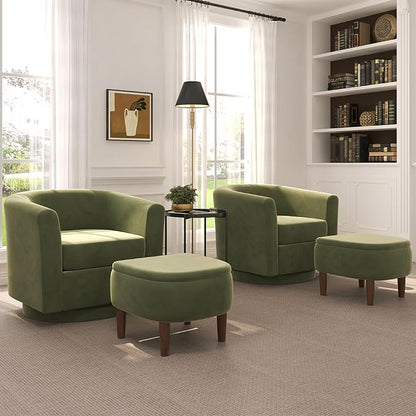 Swivel Accent Chair with Storage Ottoman Set of 2, Modern Velvet Barrel Chair, Upholstered Armchair with Footrest for Living Room/Reading/Bedroom, 25.4'' D x 28.35'' W x 24.4'' H, Green