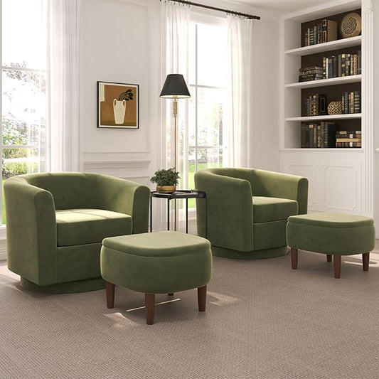 Swivel Accent Chair with Storage Ottoman Set of 2, Modern Velvet Barrel Chair, Upholstered Armchair with Footrest for Living Room/Reading/Bedroom, 25.4'' D x 28.35'' W x 24.4'' H, Green