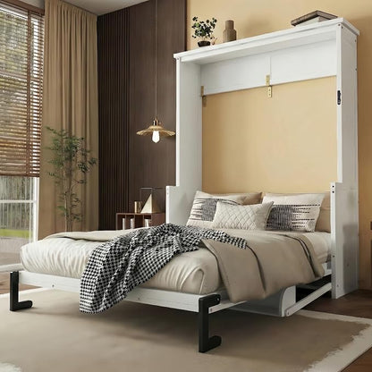 PVWIIK Queen Size Murphy Bed with Desk,Storage Shelf for Small Space,Bedroom,Guest Room,Wood Hidden Wall Multifunctional Bed Space-Saving Cabinet,White