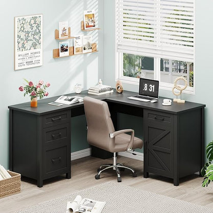 Halitaa 59” L Shaped Executive Desk with Power Outlets, Farmhouse Home Office Desk with File Drawer,Storage Cabinet, Wood Corner Sturdy Writing Workstation.Black