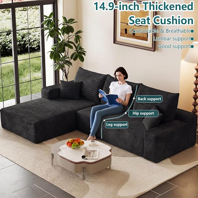 95" Modular Sectional Couch, Boneless L Shaped Cloud Sofa with Chaise Lounge, Corduroy Upholstered Couches Memory Foam Deep Seat, No Assembly Required, Ideal for Living Room(Black, Left Facing)