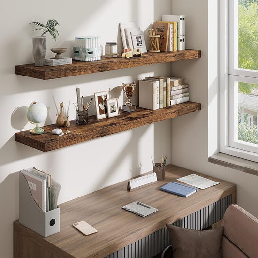 Fun Memories 55 Inch Fireplace Mantel Shelf, 10 Inch Deep Shelves for Display & Wall Storage, Rustic Wood Wall Shelf, Extra Long Floating Shelves for Living Room Laundry Room, Rustic Brown, Set of 2