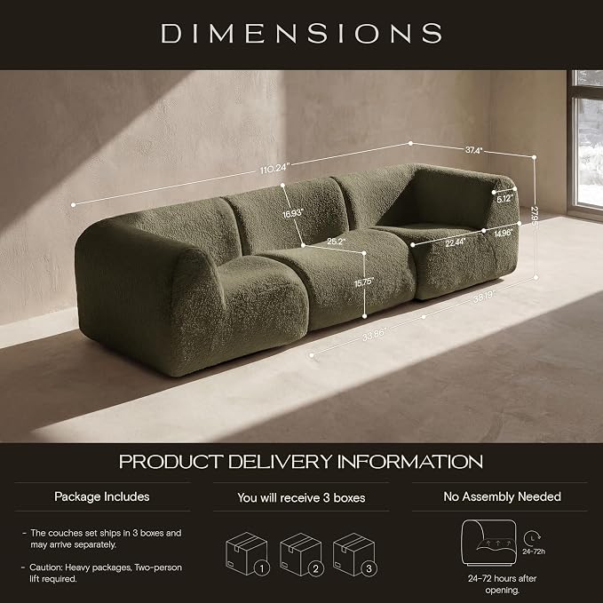 110" 3-Seater Modular Sectional Sofa, Sherpa Cloud Couch with Deep Seat Comfort, Boneless Curved Sofas with High-Density Foam Strong Support, Modern Cozy Sofa for Living Room – No Assembly, Green