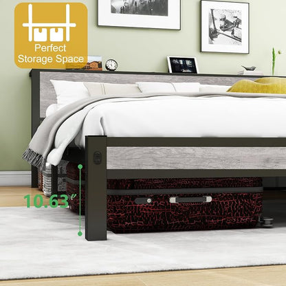 DUMEE King Bed Frame with Wood Storage Headboard, Metal Platform Bed Frames King Size, No Box Spring Needed, Noise Free, Black & Grey