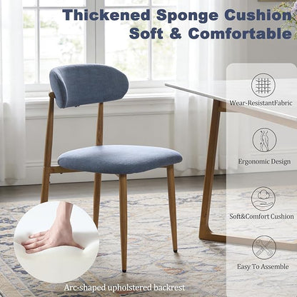 FREKEN Modern Upholstered Dining Chairs Set of 8, Mid-Century Metal Frame with Wood Grain, Linen Fabric Side Chair for Kitchen Dining Room, 350lbs Capacity, Blue