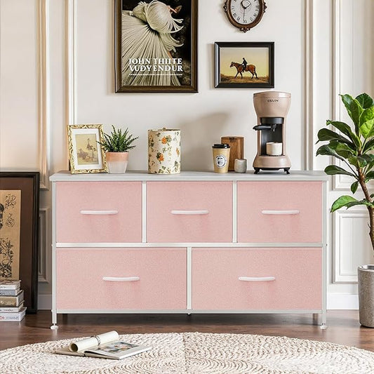 5-Drawer Dresser for Bedroom, Anti-Tip Wide Storage Organizer Fabric Chest of Drawers TV Stand for 45" TV with Wooden Top and Metal Frame for Closet, Living Room, Hallway, Entryway, Pink