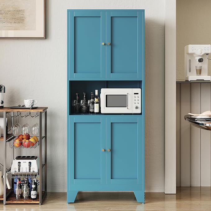 69" Tall Metal Pantry Cabinet with Microwave Stand,Microwave Storage Cabinet with 4 Doors & 3 Adjustable Shelves for Kitchen (4doors-Blue, 13.78" D x 27.54" W x 68.9" H)