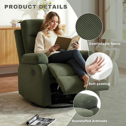 Rocking Recliner Chair,Modern Swivel Glider Recliner Chair,Corduroy Fabric Upholstery Recliner,Manual Reclining Sofa Chair for Living Room,Office,Apartment (Green)