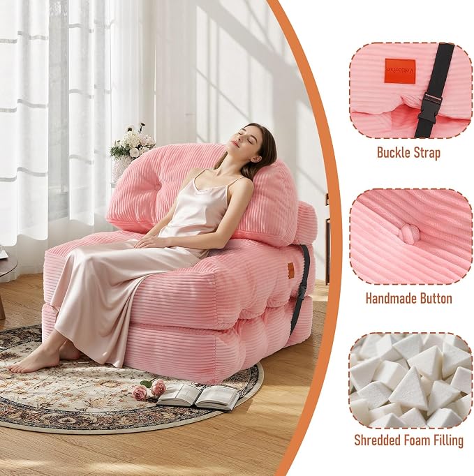 Folding Sofa Bed, Convertible Sleeper Chair with Back Support and Pillow Futon,Boneless Foldable Couch for Living Room/Guest Use/Home Office, Foldable Chair Bed for Adults, Pink