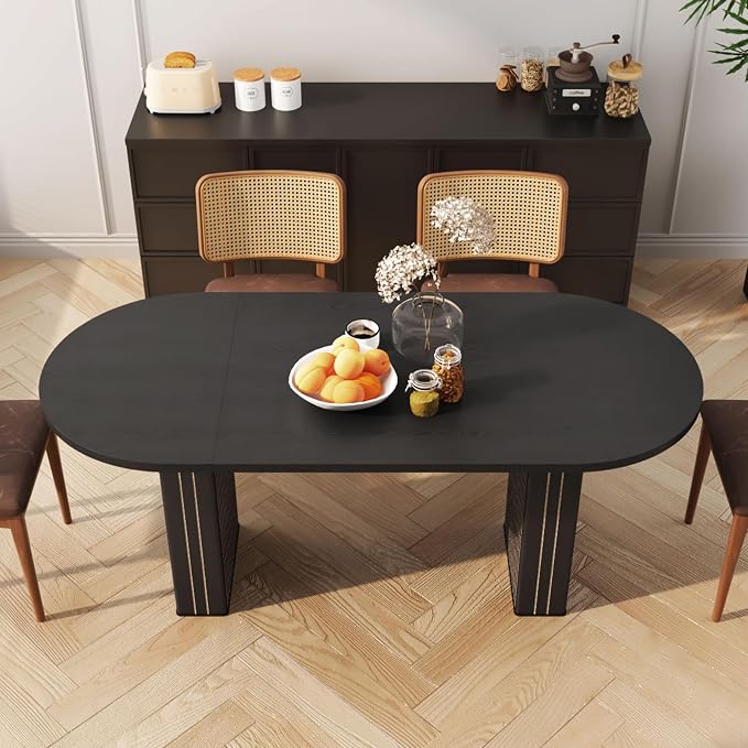 70.8 Inch Kitchen Dining Table for 4-6 People, Oval Kitchen Table with Wood Strip Base, Modern Farmhouse Large Round Dining Room Tables for Home Living Room (Black)