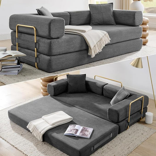 HANXIN Convertible Sleeper Sofa Bed, 78 Inch Folding Floor Mattress Couch with Fixed-Shape Frame, Futon Boneless Couch Lounge Loveseat with Pull Out Bed, No Assembly Required, Grey