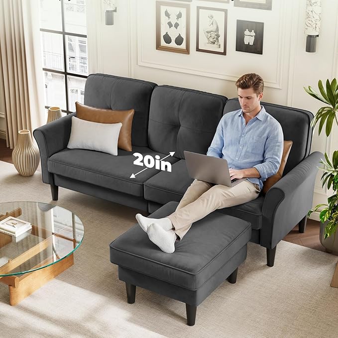 Welzona Sectional Couches for Living Room, 83" Velvet Modern 3 Seater Sofa, L Shaped Couch with Ottoman, Small Sectional Couch Sofas for Living Room, Bedroom, Apartment, Office, Grey Sofa