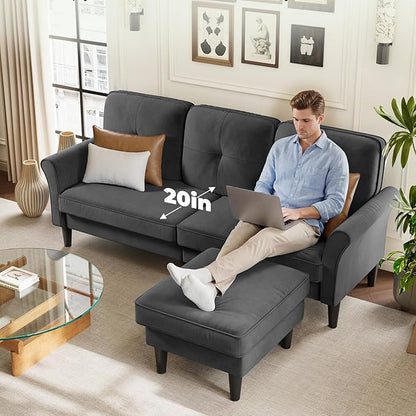 Welzona Sectional Couches for Living Room, 83" Velvet Modern 3 Seater Sofa, L Shaped Couch with Ottoman, Small Sectional Couch Sofas for Living Room, Bedroom, Apartment, Office, Grey Sofa