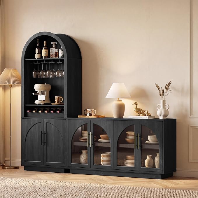 Arden Collection 2-Piece Display & Storage Cabinet Set, Arched Glass Door Sideboard and Tall Pantry Cabinets with LED Lighting, Wine Storage and Charging Station for Dining Room, Coffee Bar,Black Grey