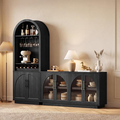 Arden Collection 2-Piece Display & Storage Cabinet Set, Arched Glass Door Sideboard and Tall Pantry Cabinets with LED Lighting, Wine Storage and Charging Station for Dining Room, Coffee Bar,Black Grey