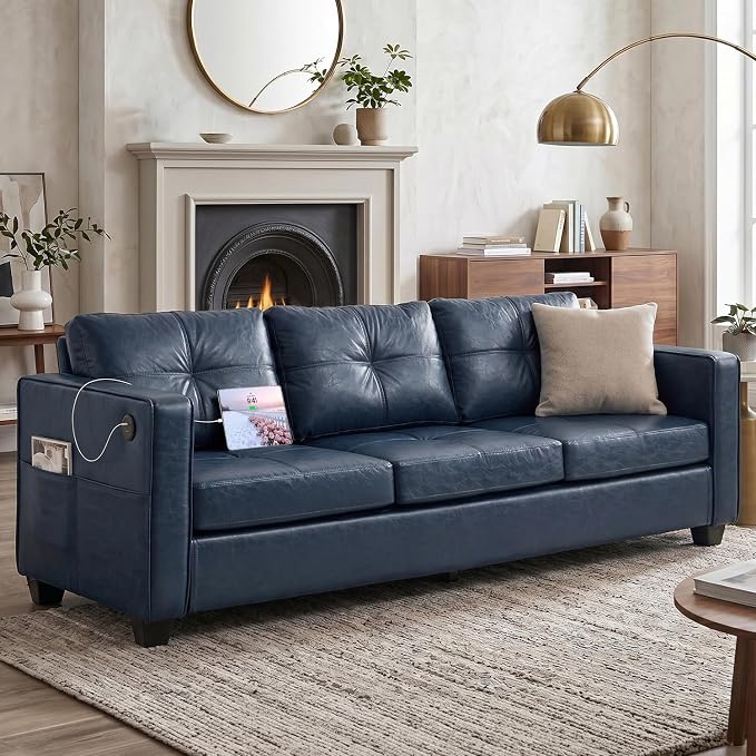 TYBOATLE Faux Leather Couch w/Side Pockets, Mid-Century Modern Tufted Comfy Leather Couches w/USB and Wider Arms, 3 Seater Sofa for Office, Apartment, Bedroom, Blue