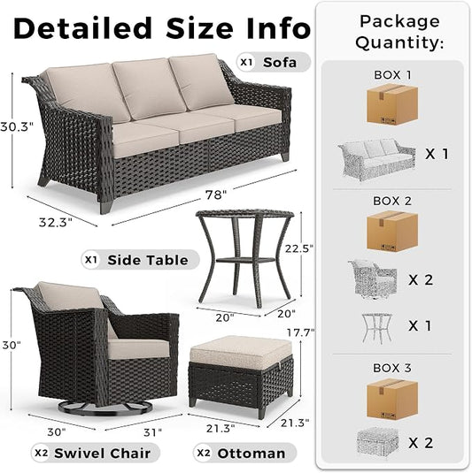 6 Pieces Patio Conversation Furniture Set - 1 Sofa, 2 Swivel Chairs, 2 Ottomans, 1 Side Table, Outdoor Wicker Furniture with Removable Cushions for Porch, Balcony, Sunroom (Beige)