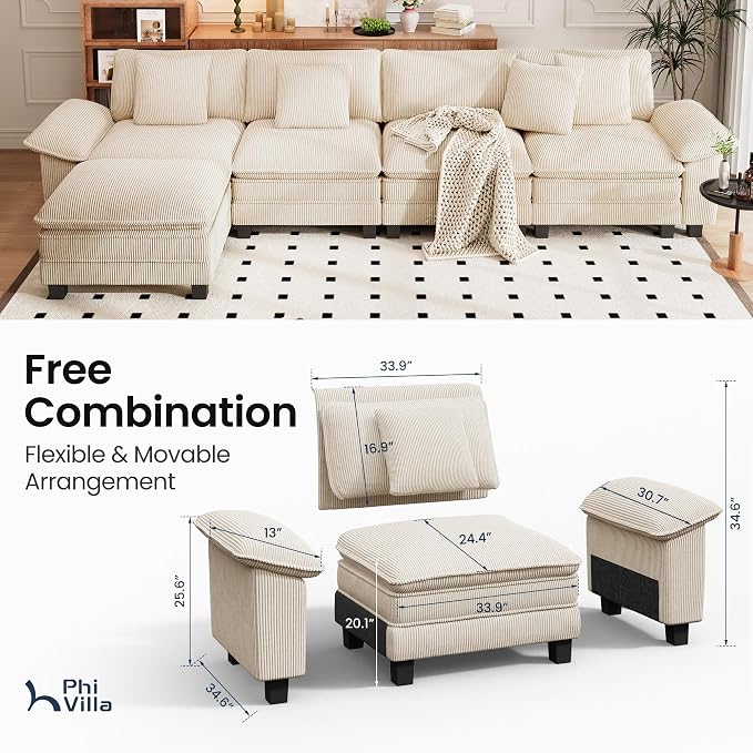 PHI VILLA Cloud Modular Couch Sets, 157.5" Oversized Sectional Sofa with L-Shaped Chaise, 5-Seater Upholstered Couches with Movable Ottoman for Living Room, Corduroy Beige