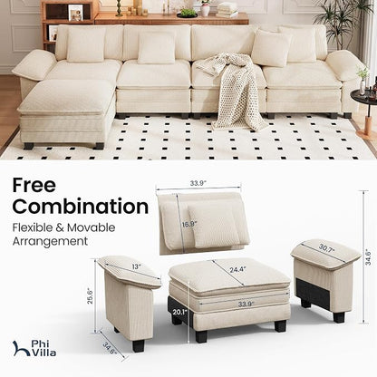 PHI VILLA Cloud Modular Couch Sets, 157.5" Oversized Sectional Sofa with L-Shaped Chaise, 5-Seater Upholstered Couches with Movable Ottoman for Living Room, Corduroy Beige