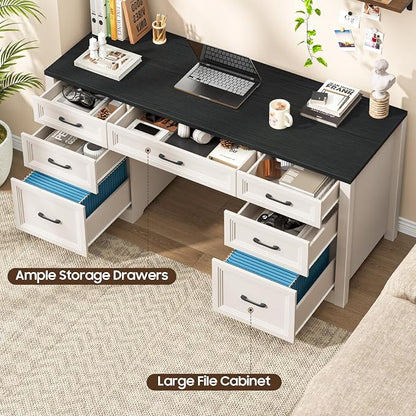 Vabches Farmhouse Executive Desk, Wood Home Office Desk with 2 Large File Drawers and 5 Storage Cabinets, Rustic Writing Desk for Work and Study, Black