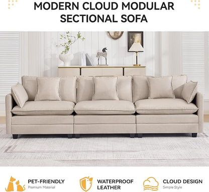 111'' Sectional Cloud Deep Seat Couch, Modern Comfy Leather Modular Sectional Sofa for Living Room Set, Upholstered Modular 3-Seats Sofa Couch, Leather Beige