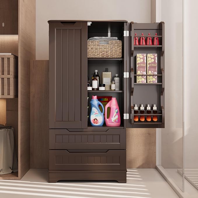 Gizoon Kitchen Pantry Cabinet with Drawers, 47" Small Food Pantry Storage Cabinet with 6 Door Shelves for Snack and Spice, Freestanding Craft Storage Cabinet for Craft Room, Dark Brown, Painted
