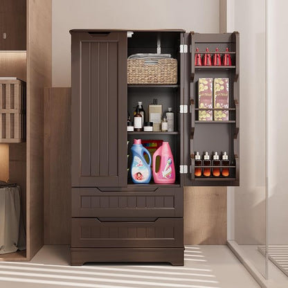 Gizoon Kitchen Pantry Cabinet with Drawers, 47" Small Food Pantry Storage Cabinet with 6 Door Shelves for Snack and Spice, Freestanding Craft Storage Cabinet for Craft Room, Dark Brown, Painted